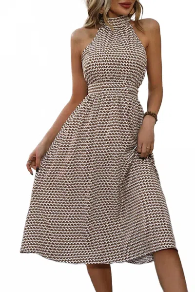 Unishe Halter Sleeveless Round Neck Printed Dress In Khaki In Neutral