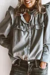 Unishe Pearl Ruffle Button Closure Blouse In Grey In Grey