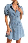 Unishe Serenity Puff Sleeves Denim Dress In Medium Wash In Multi