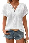 Unishe Summer V Neck Button Textured Short Sleeves Top In White In White