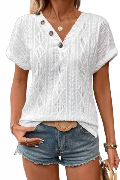 Unishe Summer V Neck Button Textured Short Sleeves Top In White