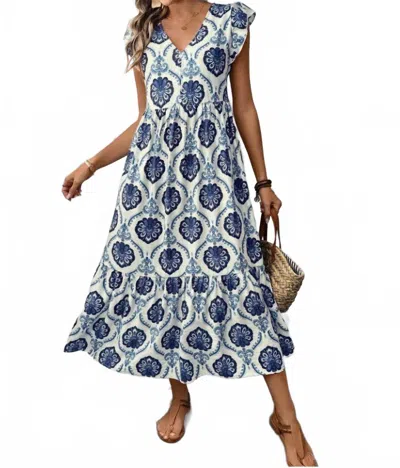 Unishe V Neck Floral Maxi Dress In Blue In Multi