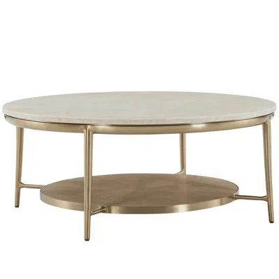 Universal Furniture Amalfi 43 Inch Round Cream Quartz Top Desert Gold Metal Base Cocktail Table In Animal Print