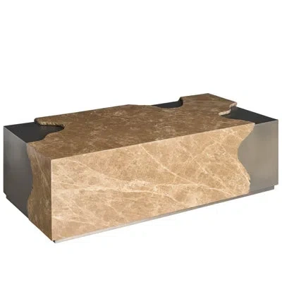 Universal Furniture Mirage Light Emperador Stone Floating Top Antique Nickel Frame Cocktail Table On Casters In Brown