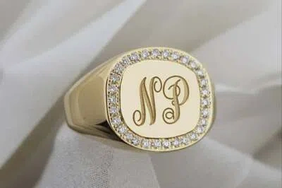 Pre-owned Universal Jewels 1.2ct Cubic Zirconia Mens Signet Band Ring 14k Yellow Gold Over Silver In White