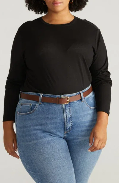 Universal Standard Breeze Long Sleeve Linen & Modal T-shirt In Black