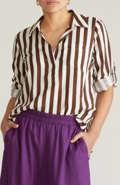 Universal Standard Button Back Linen Blend Polo In Brown