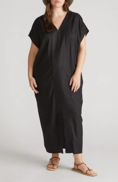 Universal Standard Cabana Linen Blend Caftan Dress In Black