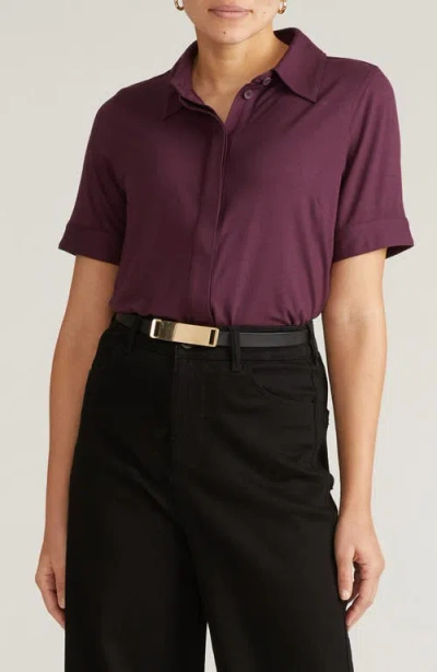 Universal Standard Chelsea Short Sleeve Jersey Button-up Shirt In Burgundy