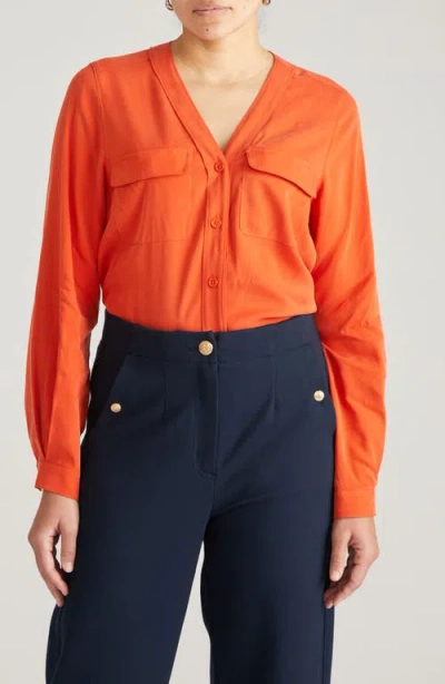 Universal Standard Cooling V-neck Button-up Shirt In Orange