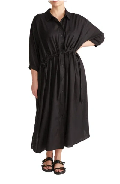 Universal Standard Drawstring Waist Button-up Linen Blend Shirtdress In Black