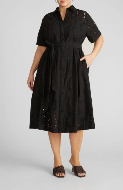 Universal Standard Eyelet Tie Waist Poplin Shirtdress In Black