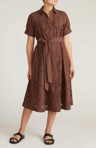 Universal Standard Eyelet Tie Waist Poplin Shirtdress In Brown