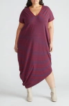 Universal Standard Geneva Asymmetric T-shirt Dress In Rhubard/blue Opal Stripe