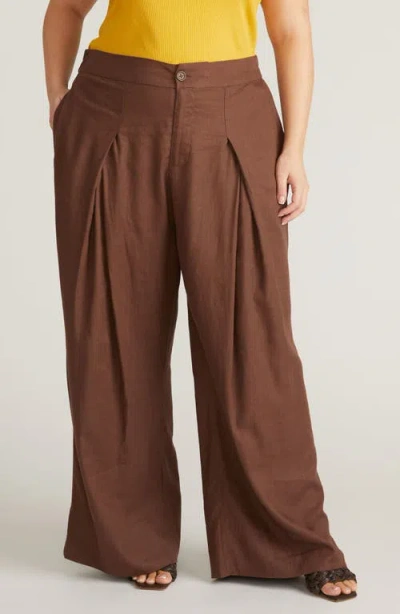 Universal Standard Marley Pleated Linen Blend Wide Leg Pants In Brown