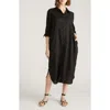 Universal Standard Odeon Long Sleeve Stretch Linen Blend Shirtdress In Black