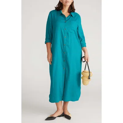 Universal Standard Odeon Long Sleeve Stretch Linen Blend Shirtdress In Green