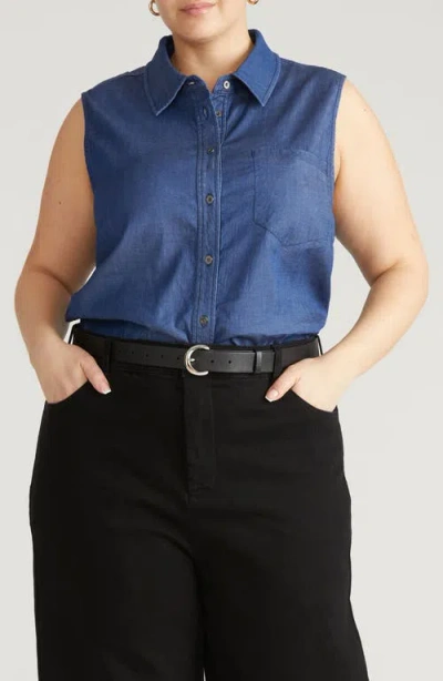 Universal Standard Perfect Sleeveless Chambray Shirt In Blue