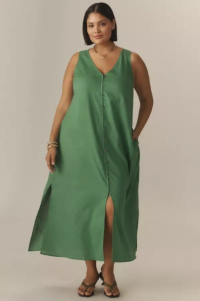 Universal Standard Plus Islet Button-front Linen Blend Midi Dress In Green
