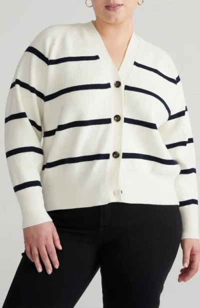 Universal Standard Rib Cardigan In White/navy Stripe