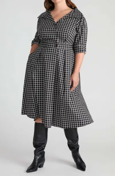 Universal Standard Stockard Windowpane Check Midi Shirtdress In Black