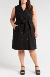 Universal Standard Tie Belt Sleeveless Double Breasted Yarn Dyed Jersey Trench Cocktail Dress In Black