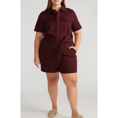 Universal Standard Tie Belt Stretch Twill Romper In Black Cherry