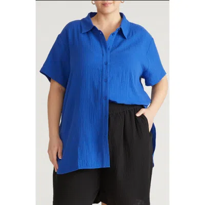 Universal Standard Toni High Low Button Down Cotton Gauze Top In Blue