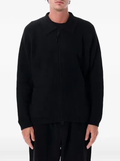 Universal Works Co Wool Ribbed Zip-up Sweater In Black