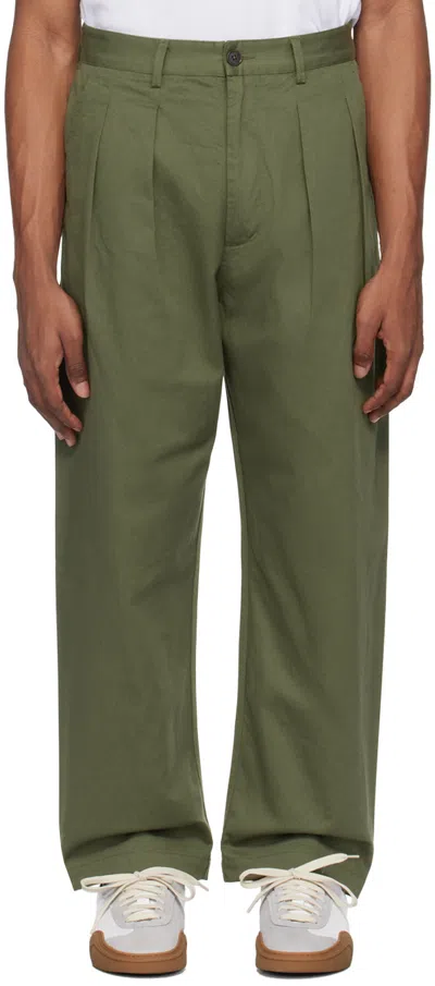 Universal Works Khaki Double Pleat Trousers In Light Olive