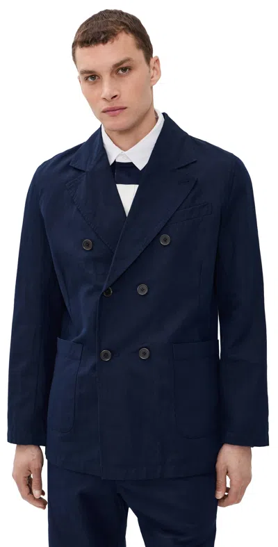 Universal Works Manor Double Breasted Linen Jacket Navy In Blue