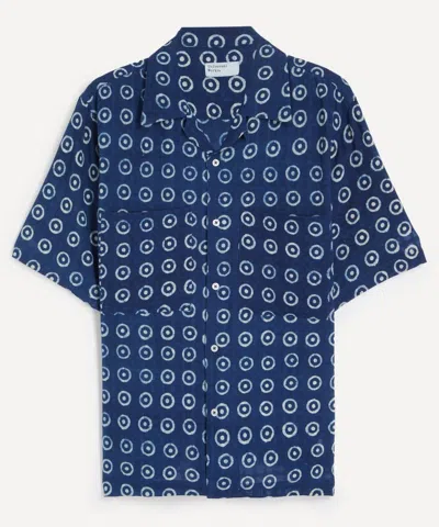Universal Works Mens Indigo Block Print Circles Camper Shirt In Blue