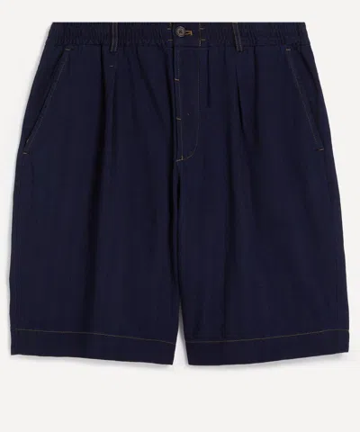 Universal Works Mens Indigo Herringbone Pleated Track Shorts In Blue
