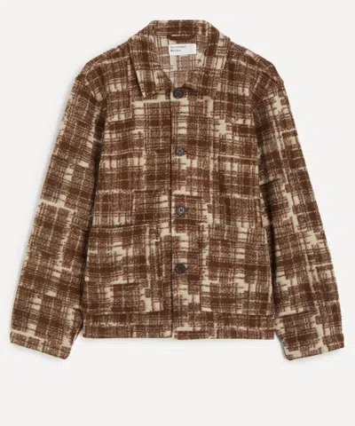 Universal Works Mens Sand Patch Check Fleece Chore Jacket In Brown