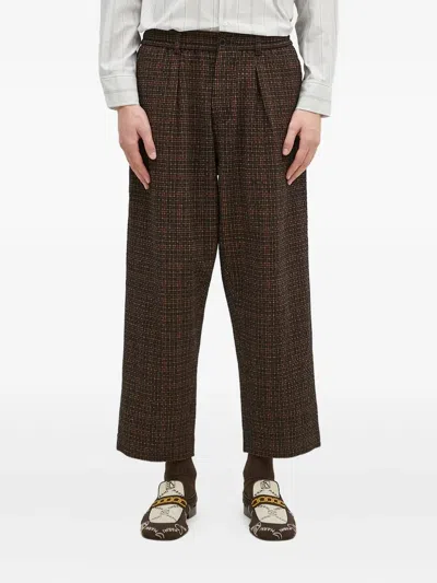 Universal Works Pleated Check Trousers In Brown