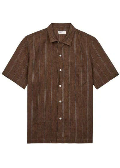 Universal Works Road Striped Linen Shirt In Brown