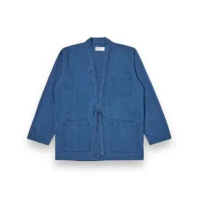 Universal Works Tie Front Jacket Herringbone Denim 30684 Washed Indigo In Blue