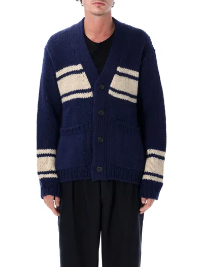 Universal Works Langdale Stripe-detail Chunky-knit Cardigan In Blue
