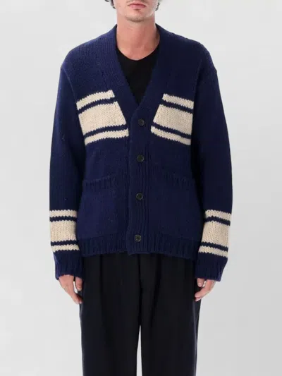 Universal Works Wool Chunky-knit Striped V-neck Cardigan In Blue