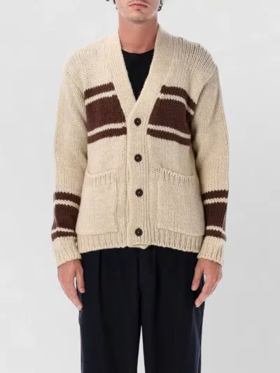 Universal Works Wool Chunky-knit Striped V-neck Cardigan In Neutral