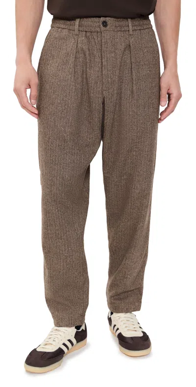 Universal Works Wool Herringbone Pleated Track Pants Brown