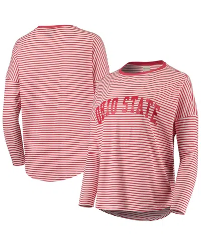 University Girl Women's Scarlet And White Ohio State Buckeyes Melange Striped Boxy Long Sleeve T-shirt In Scarlet,white