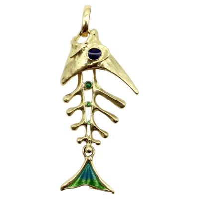 Pre-owned Unoaerre 18k Gold Articulated Fishbone Skeleton Pendant With Enamel By  In Multi