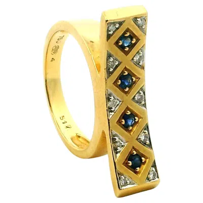 Pre-owned Unoaerre Italian 18k Gold Modernist Sapphire & Diamond Bar Ring, 1980s In Blue