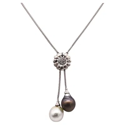 Pre-owned Unoaerre Lariat Necklace In 14kt Gold Diamonds Black & White South Sea Pearls