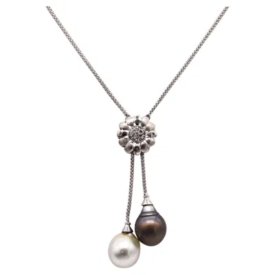 Pre-owned Unoaerre Lariat Necklace In 18kt Gold With Diamonds Black White South Sea Pearls