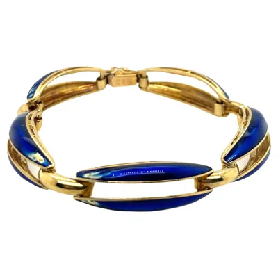 Pre-owned Unoaerre Vintage 1980's 18k Yellow Gold Italian Blue Enamel And Gold Bracelet