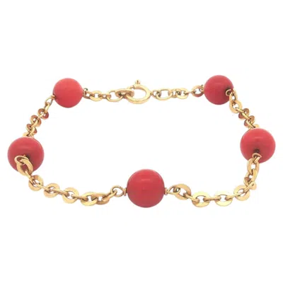 Pre-owned Unoaerre Vintage  18k Yellow Gold Coral Station Bead Flat Cable Link Bracelet