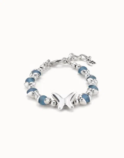 Unode50 Beaded Bracelet With Blue Crystals And A Central Butterfly In Silver