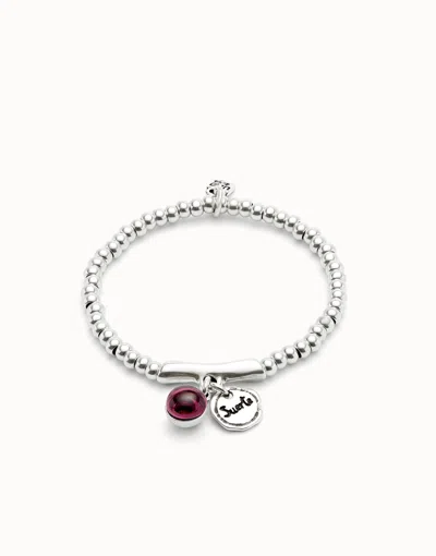 Unode50 Beaded Stretch Bracelet With A Murano Glass And The Word Lucky In Purple